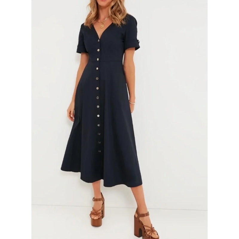 Tuckernuck Kate Maxi Dress Poplin Cotton V-Neck Short Sleeve Classic Preppy Midi